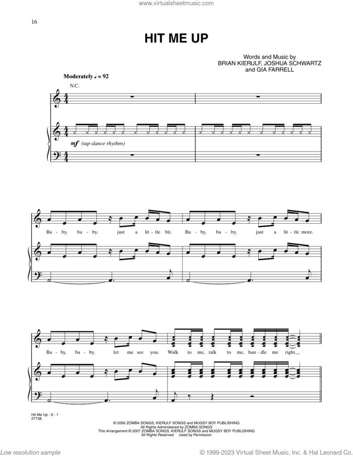 Hit Me Up (from Happy Feet) sheet music for voice, piano or guitar by Gia Farrell, Brian Kierulf, Jeannie Bocchicchio and Joshua Schwartz, intermediate skill level