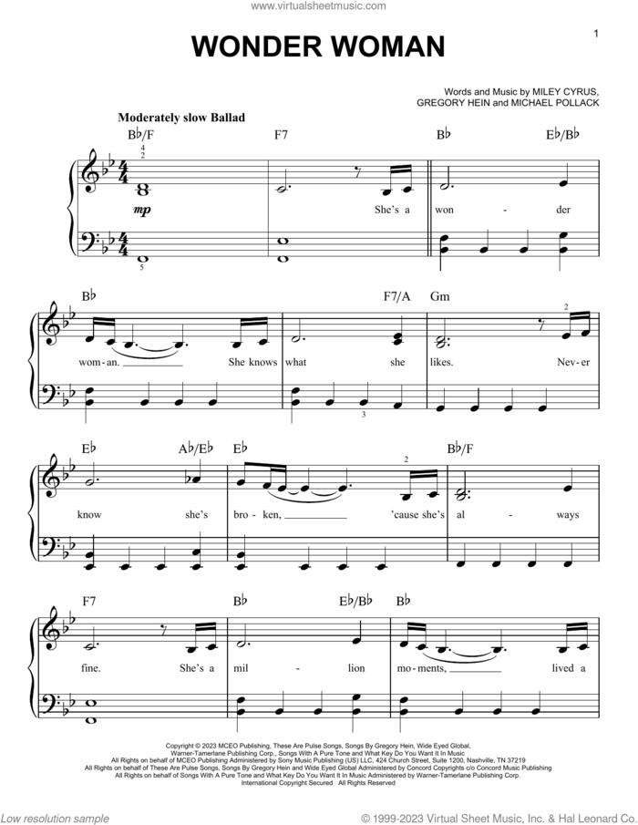 Wonder Woman sheet music for piano solo by Miley Cyrus, Gregory Hein and Michael Pollack, easy skill level