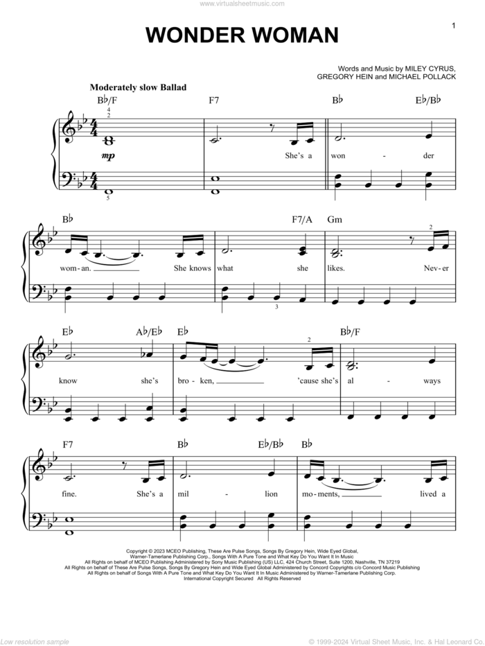 Wonder Woman sheet music for piano solo by Miley Cyrus, Gregory Hein and Michael Pollack, easy skill level