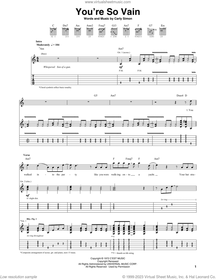 You're So Vain sheet music for guitar (tablature) by Carly Simon, intermediate skill level