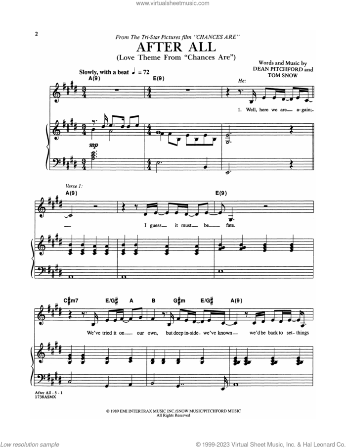 After All (Love Theme from Chances Are) sheet music for voice and piano by Cher and Peter Cetera, Cher, Peter Cetera, Dean Pitchford and Tom Snow, intermediate skill level