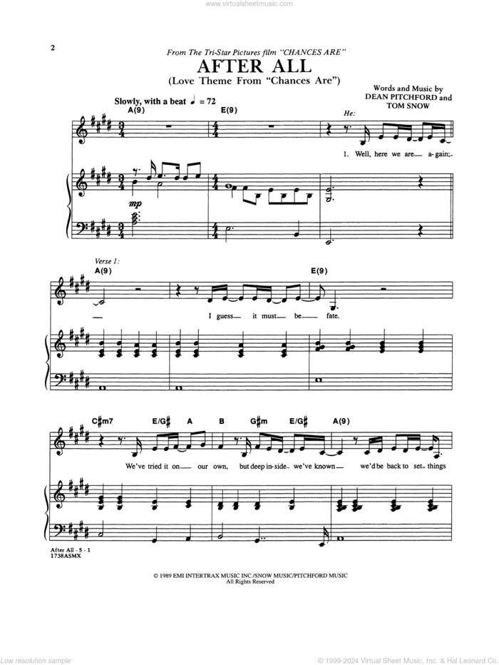 After All (Love Theme from Chances Are) sheet music for voice and piano by Cher and Peter Cetera, Cher, Peter Cetera, Dean Pitchford and Tom Snow, intermediate skill level