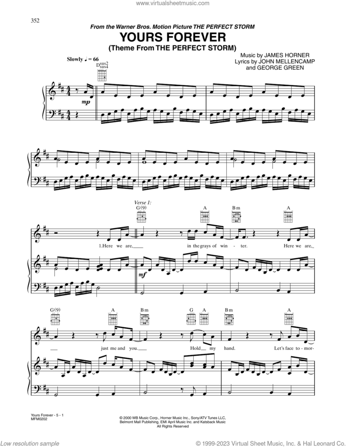 Yours Forever (from The Perfect Storm) sheet music for voice, piano or guitar by James Horner, George Green and John Mellencamp, intermediate skill level