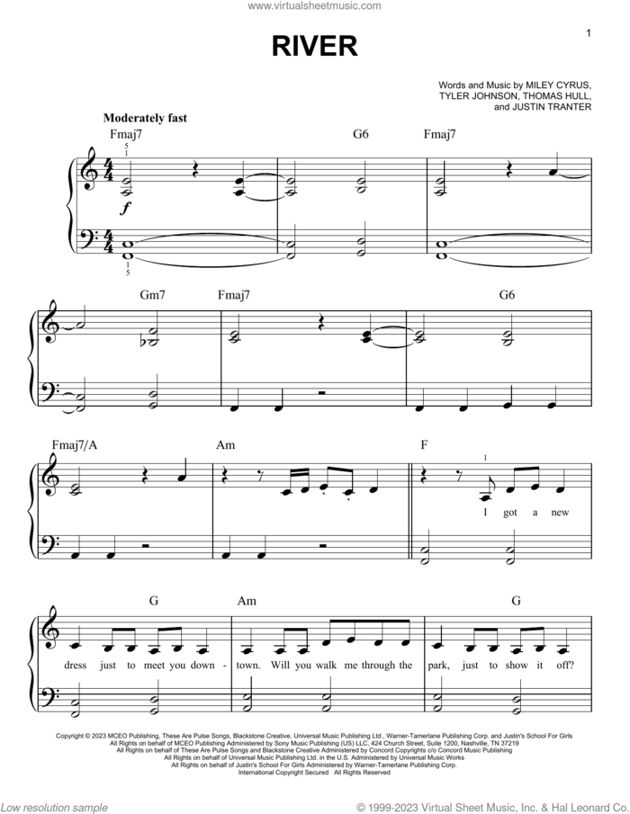 River sheet music for piano solo by Miley Cyrus, Justin Tranter, Tom Hull and Tyler Johnson, easy skill level