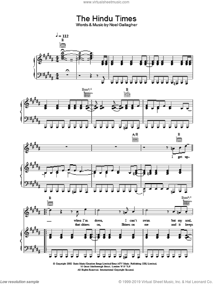 The Hindu Times sheet music for voice, piano or guitar by Oasis, intermediate skill level