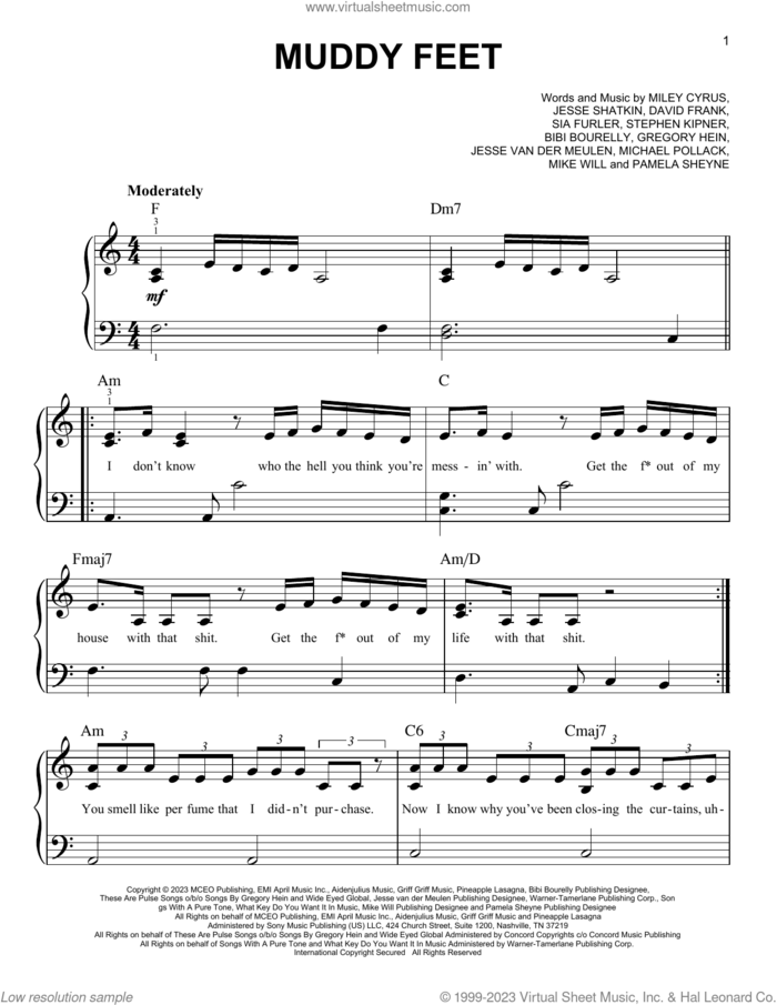 Muddy Feet (feat. Sia) sheet music for piano solo by Miley Cyrus feat. Sia, Sia, Bibi Bourelly, David Frank, Gregory Hein, Jesse Shatkin, Jesse van der Meulen, Michael Pollack, Mike Will, Miley Cyrus, Pam Sheyne, Sia Furler and Steve Kipner, easy skill level