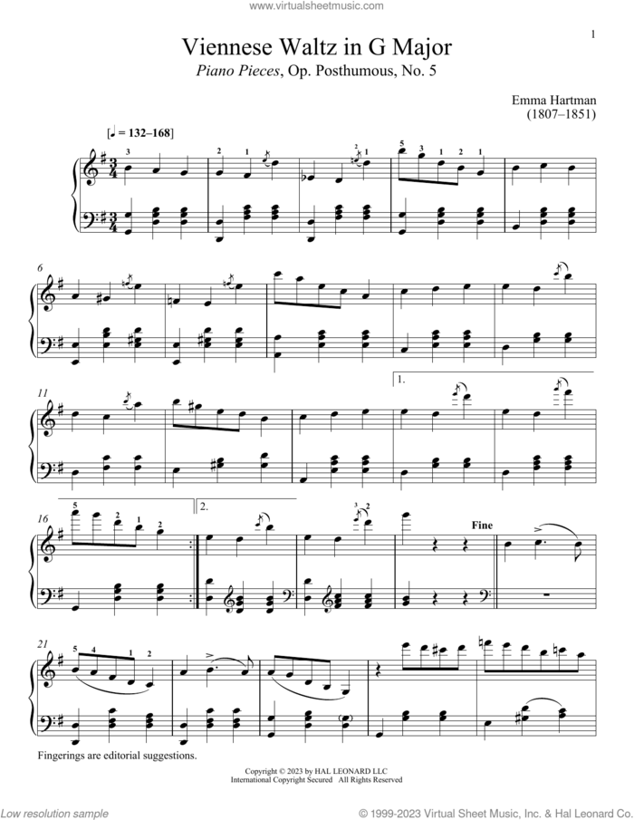 Viennese Waltz in G Major sheet music for piano solo by Emma Hartmann and Immanuela Gruenberg, classical score, intermediate skill level