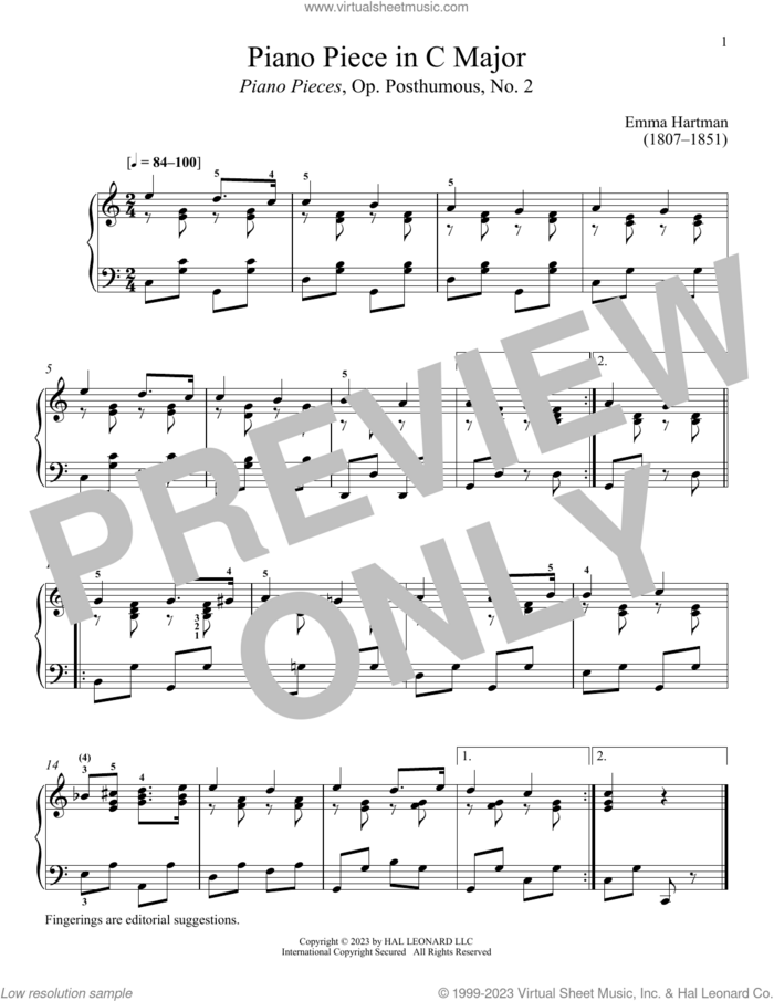 Piano Piece in C Major sheet music for piano solo by Emma Hartmann and Immanuela Gruenberg, classical score, intermediate skill level