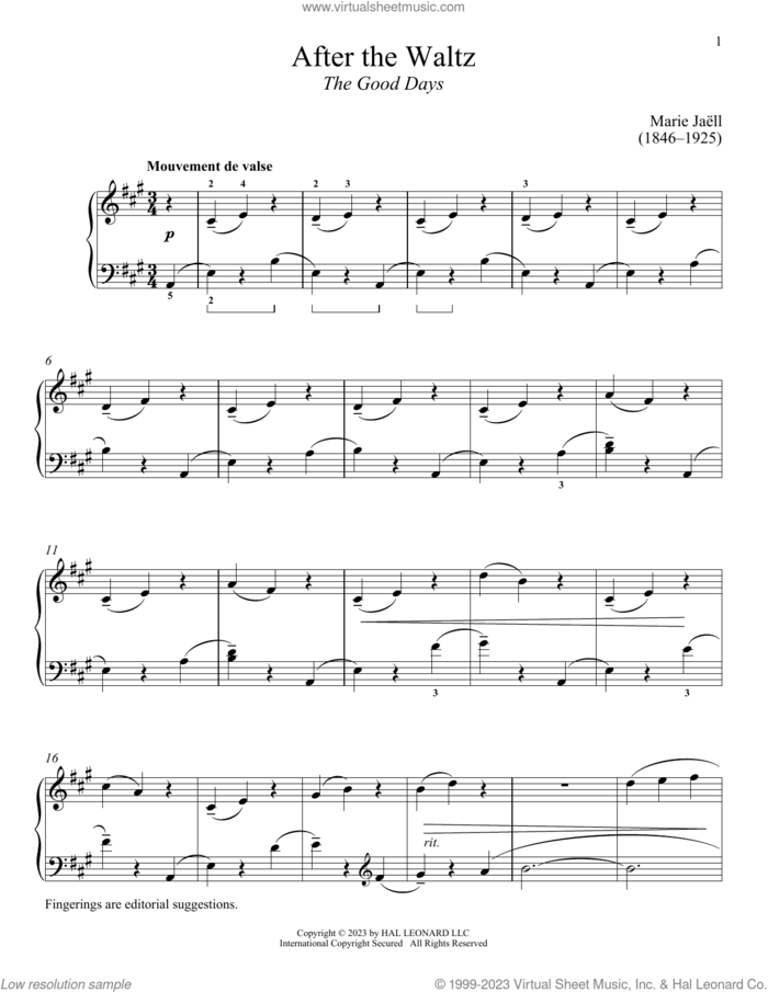 After the Waltz sheet music for piano solo by Marie Jaell and Immanuela Gruenberg, classical score, intermediate skill level