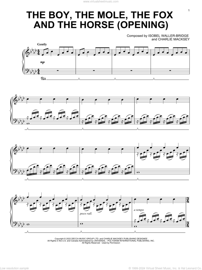 The Boy, The Mole, The Fox And The Horse (Opening) sheet music for piano solo by Isobel Waller-Bridge and Charlie Macksey, classical score, intermediate skill level