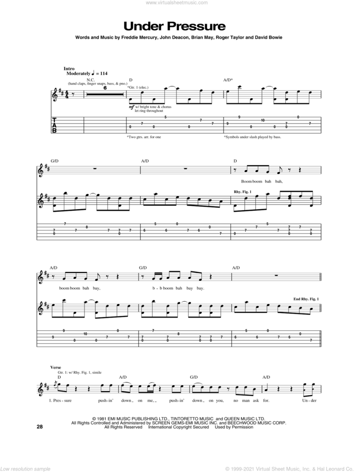 Under Pressure sheet music for guitar (tablature) by Freddie Mercury, Queen, Queen & David Bowie, Brian May, David Bowie, John Deacon and Roger Taylor, intermediate skill level