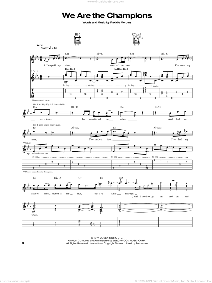 We Are The Champions sheet music for guitar (tablature) by Queen and Freddie Mercury, intermediate skill level