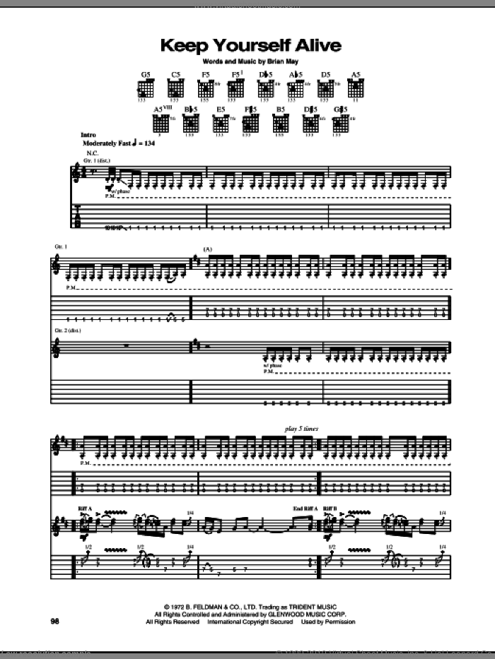 Keep Yourself Alive sheet music for guitar (tablature) by Queen and Brian May, intermediate skill level