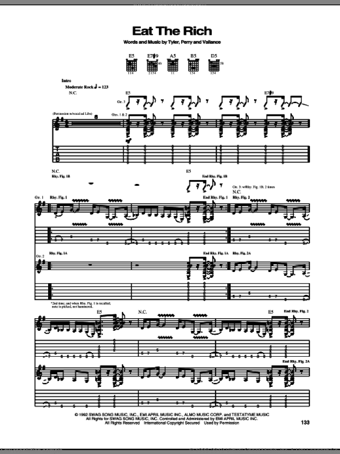 Eat The Rich sheet music for guitar (tablature) by Aerosmith, Jim Vallance, Joe Perry and Steven Tyler, intermediate skill level