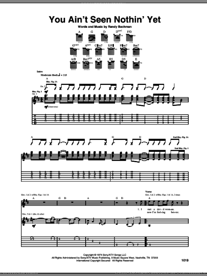 You Ain't Seen Nothin' Yet sheet music for guitar (tablature) by Bachman-Turner Overdrive and Randy Bachman, intermediate skill level