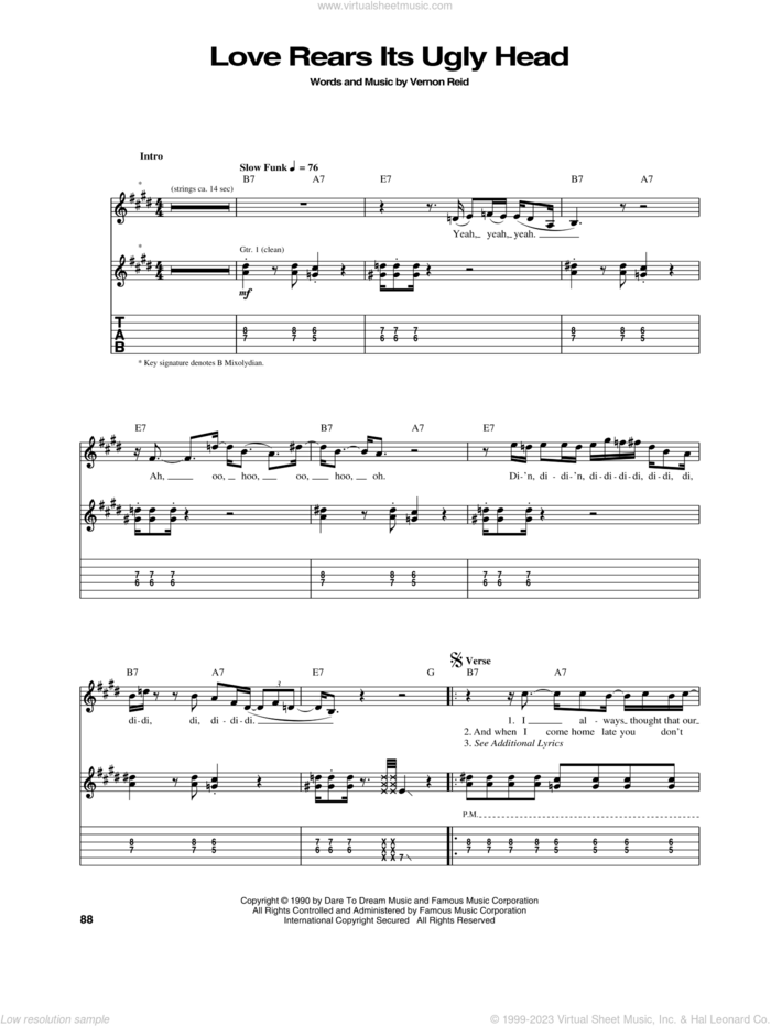 Love Rears Its Ugly Head sheet music for guitar (tablature) by Living Colour and Vernon Reid, intermediate skill level