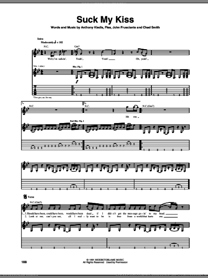 Suck My Kiss sheet music for guitar (tablature) by Red Hot Chili Peppers, Anthony Kiedis, Chad Smith, Flea and John Frusciante, intermediate skill level