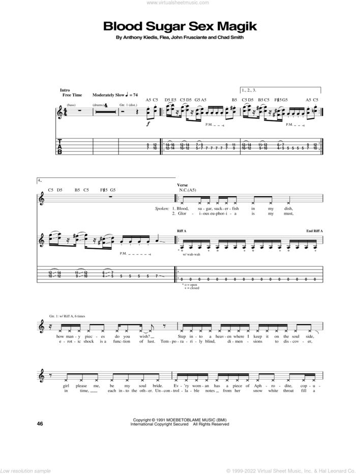 Blood Sugar Sex Magik sheet music for guitar (tablature) by Red Hot Chili Peppers, Anthony Kiedis, Chad Smith, Flea and John Frusciante, intermediate skill level