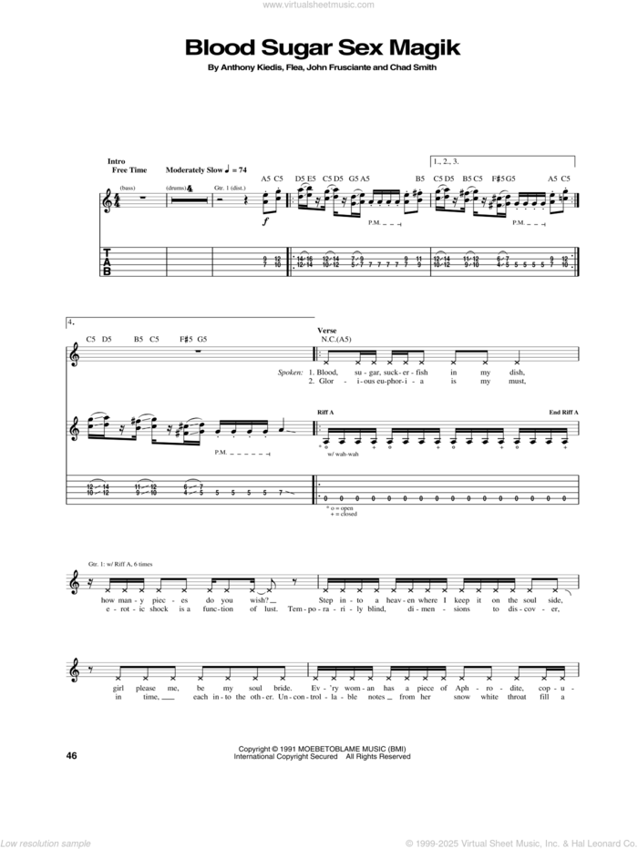 Blood Sugar Sex Magik sheet music for guitar (tablature) by Red Hot Chili Peppers, Anthony Kiedis, Chad Smith, Flea and John Frusciante, intermediate skill level