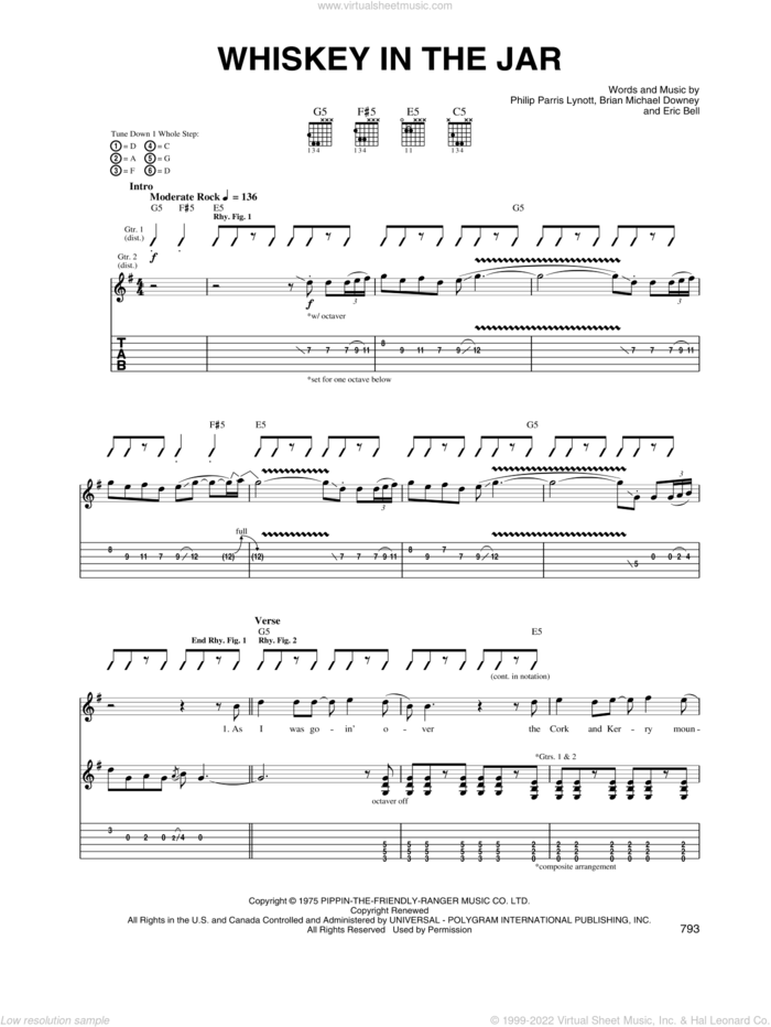 Whiskey In The Jar sheet music for guitar (tablature) by Metallica, Thin Lizzy, Brian Michael Downey, Eric Bell and Phil Lynott, intermediate skill level