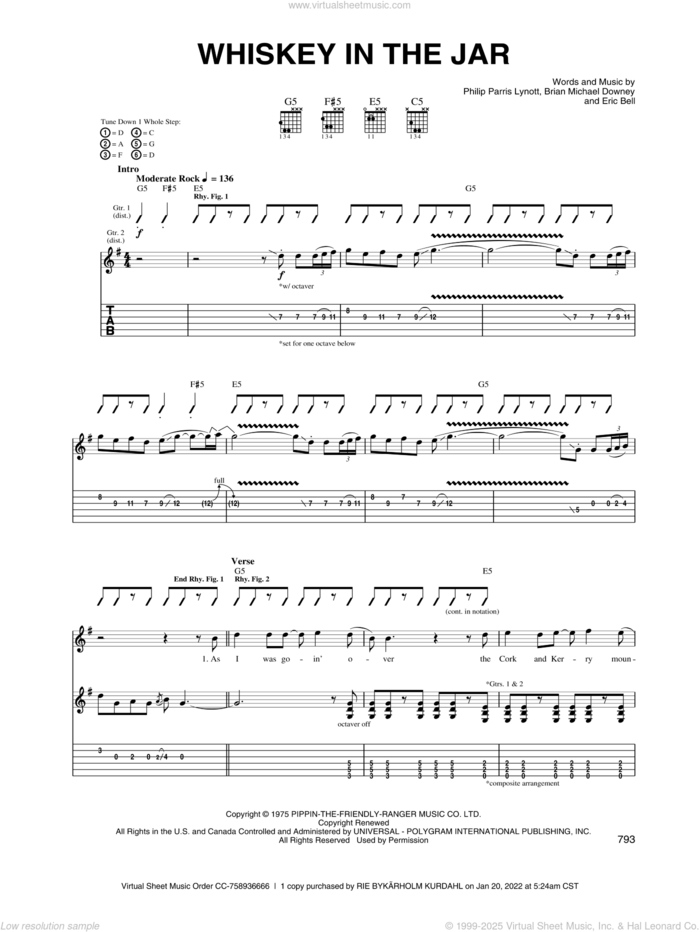 Whiskey In The Jar sheet music for guitar (tablature) by Metallica, Thin Lizzy, Brian Michael Downey, Eric Bell and Phil Lynott, intermediate skill level