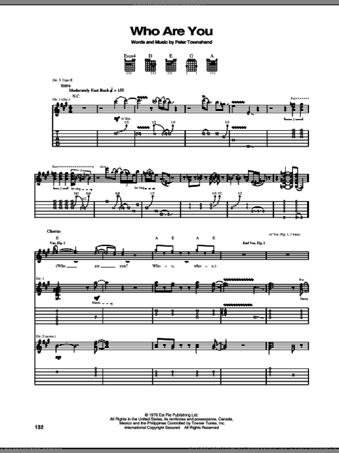 Who Are You sheet music for guitar (tablature) by The Who and Pete Townshend, intermediate skill level