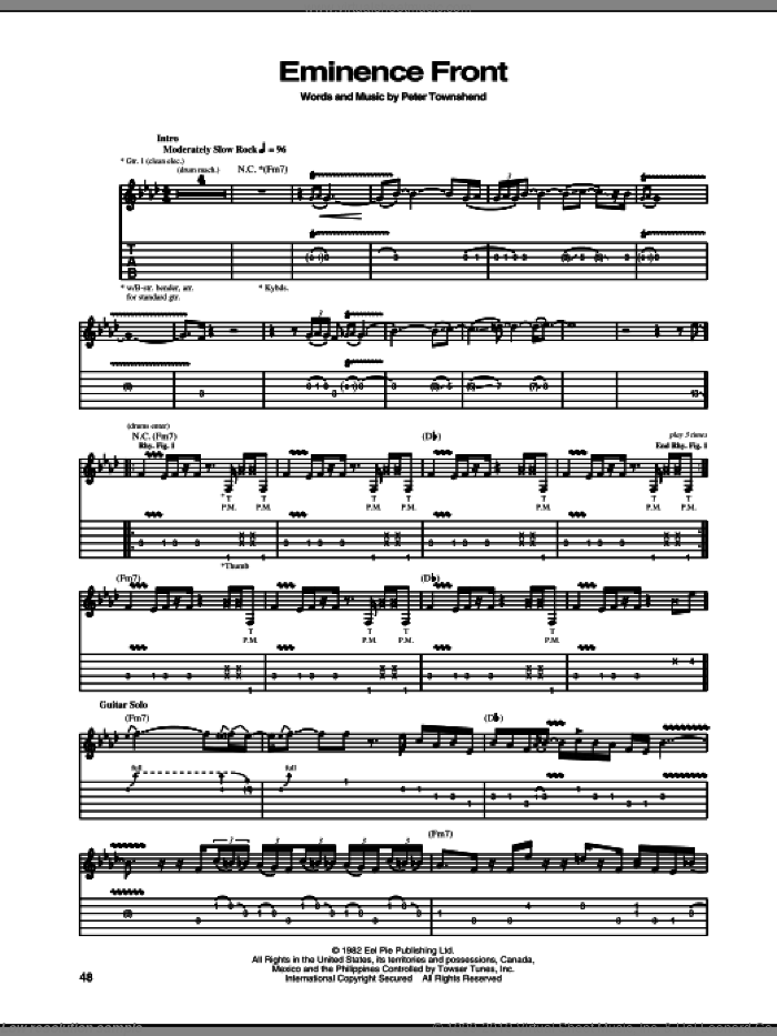 Eminence Front sheet music for guitar (tablature) by The Who and Pete Townshend, intermediate skill level