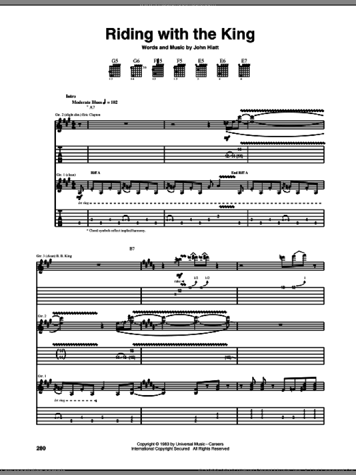 Riding With The King sheet music for guitar (tablature) by Eric Clapton, B.B. King and John Hiatt, intermediate skill level