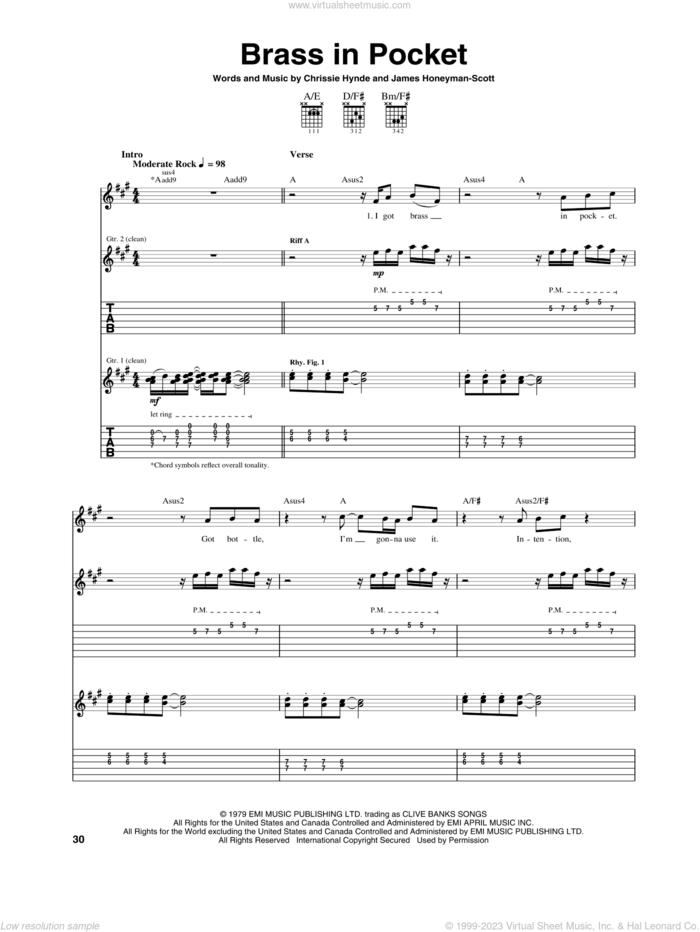 Brass In Pocket sheet music for guitar (tablature) by The Pretenders, Chrissie Hynde and James Honeyman-Scott, intermediate skill level