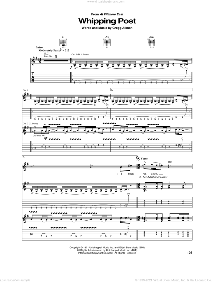 Whipping Post sheet music for guitar (tablature) by Allman Brothers Band, The Allman Brothers Band and Gregg Allman, intermediate skill level