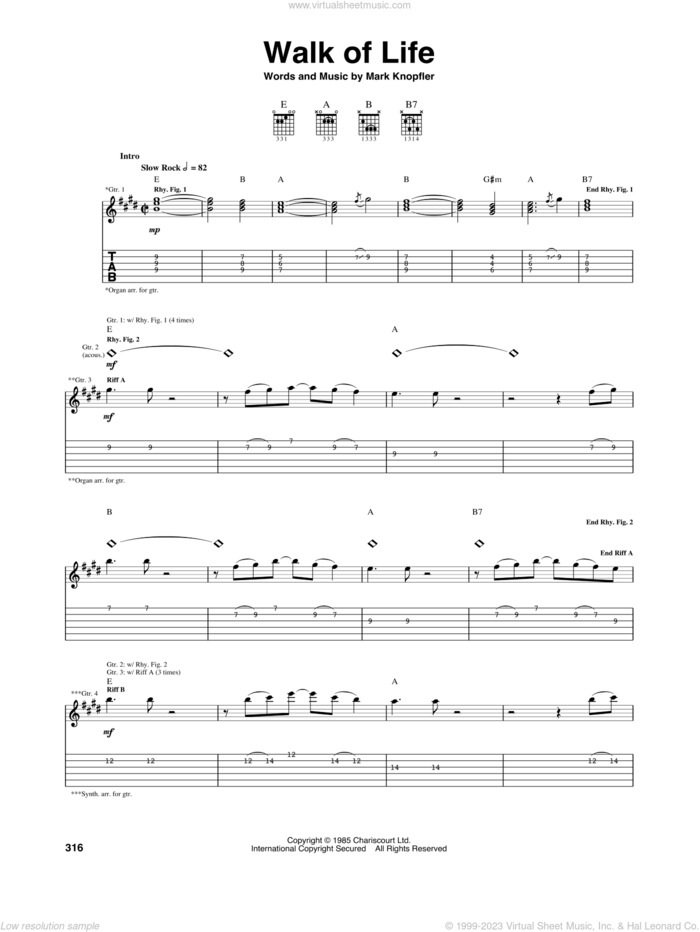 Walk Of Life sheet music for guitar (tablature) by Dire Straits and Mark Knopfler, intermediate skill level