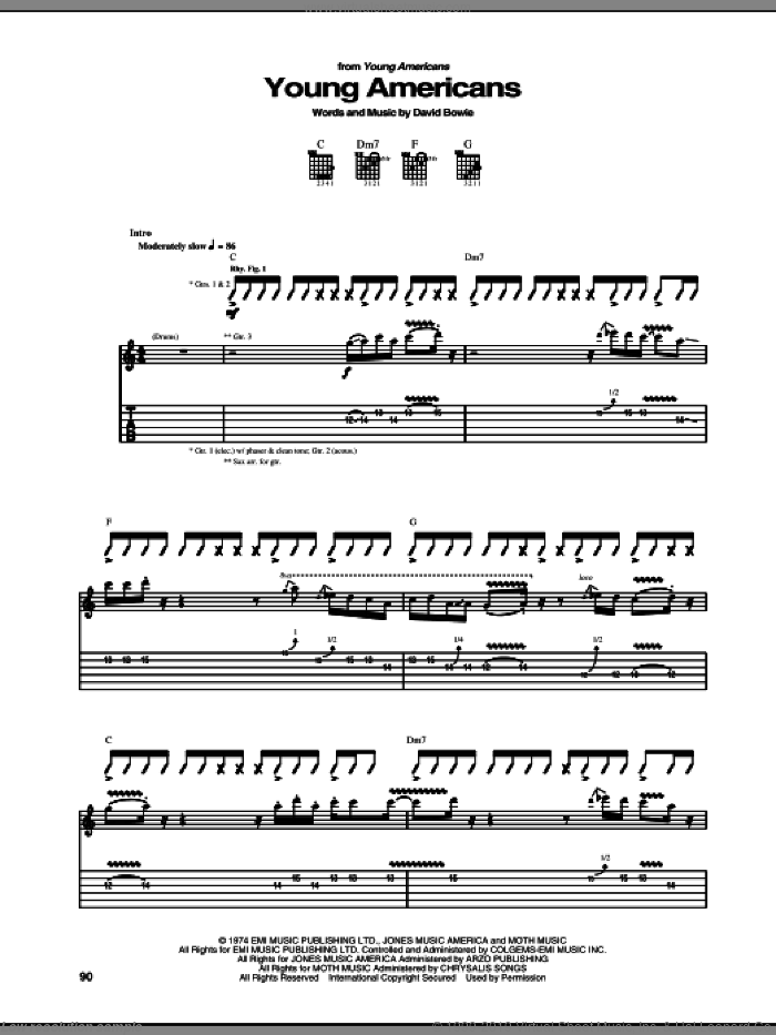 Young Americans sheet music for guitar (tablature) by David Bowie, intermediate skill level