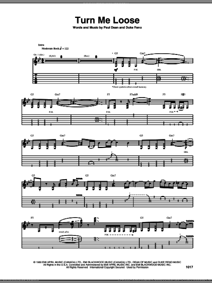 Turn Me Loose sheet music for guitar (tablature) by Loverboy, Duke Reno and Paul Dean, intermediate skill level