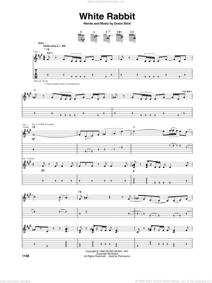 White Rabbit sheet music for guitar (tablature) by Jefferson Airplane and Grace Slick, intermediate skill level