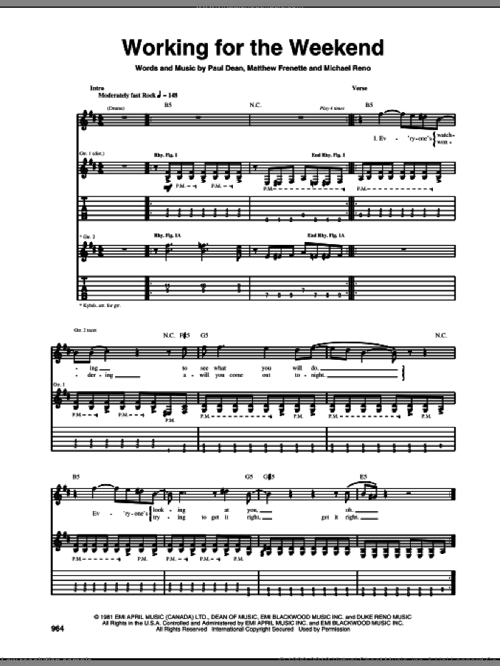 Working For The Weekend sheet music for guitar (tablature) by Loverboy, Matthew Frenette, Michael Reno and Paul Dean, intermediate skill level