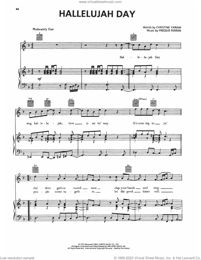 Hallelujah Day sheet music for voice, piano or guitar by The Jackson 5, Christine Yarian and Frederick Perren, intermediate skill level