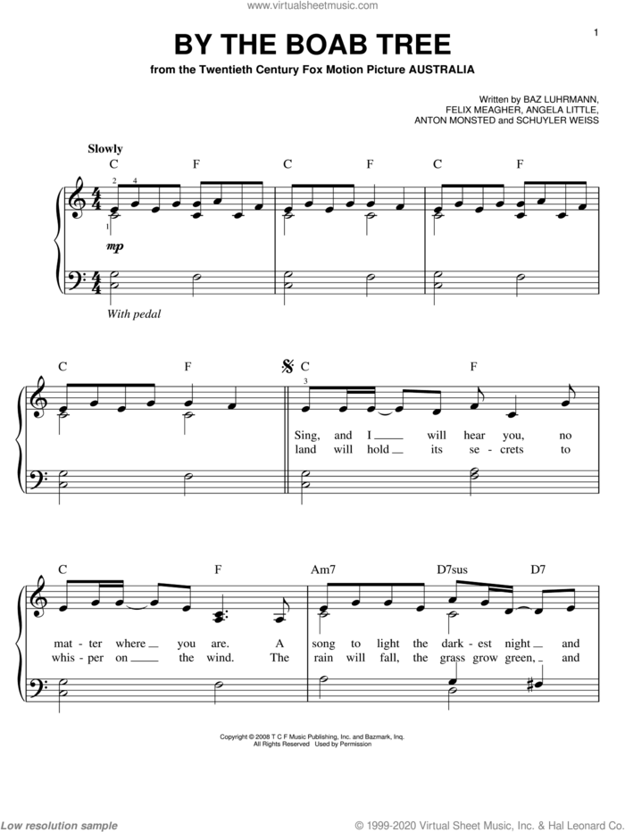 By The Boab Tree sheet music for piano solo by Ophelia Of The Spirits, Angela Little, Anton Monsted, Baz Luhrmann, Felix Meagher and Schuyler Weiss, easy skill level