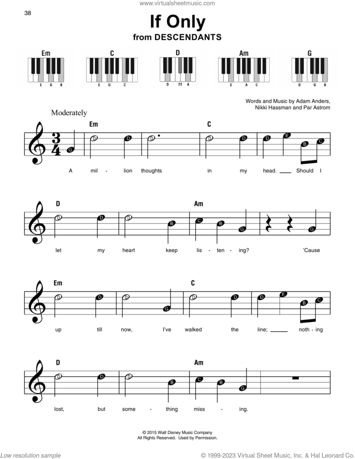 If Only (from Disney's Descendants) sheet music for piano solo by Dove Cameron, Adam Anders, Nikki Hassman and Par Astrom, beginner skill level