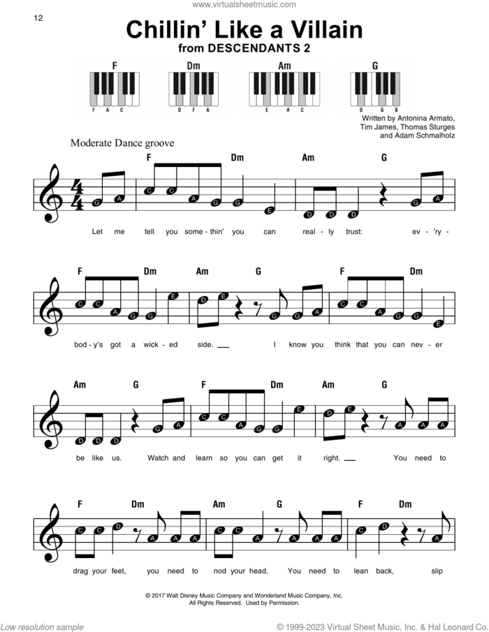 Chillin' Like a Villain (from Disney's Descendants 2) sheet music for piano solo by Tim James, Adam Schmalholz, Antonina Armato and Thomas Sturges, beginner skill level