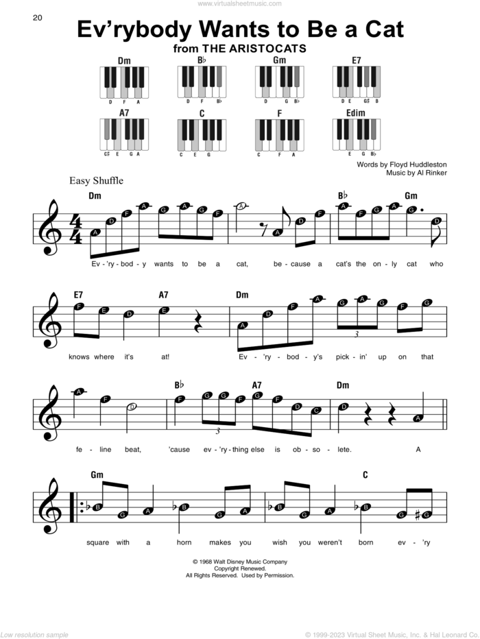 Ev'rybody Wants To Be A Cat (from The Aristocats) sheet music for piano solo by Floyd Huddleston and Al Rinker, beginner skill level