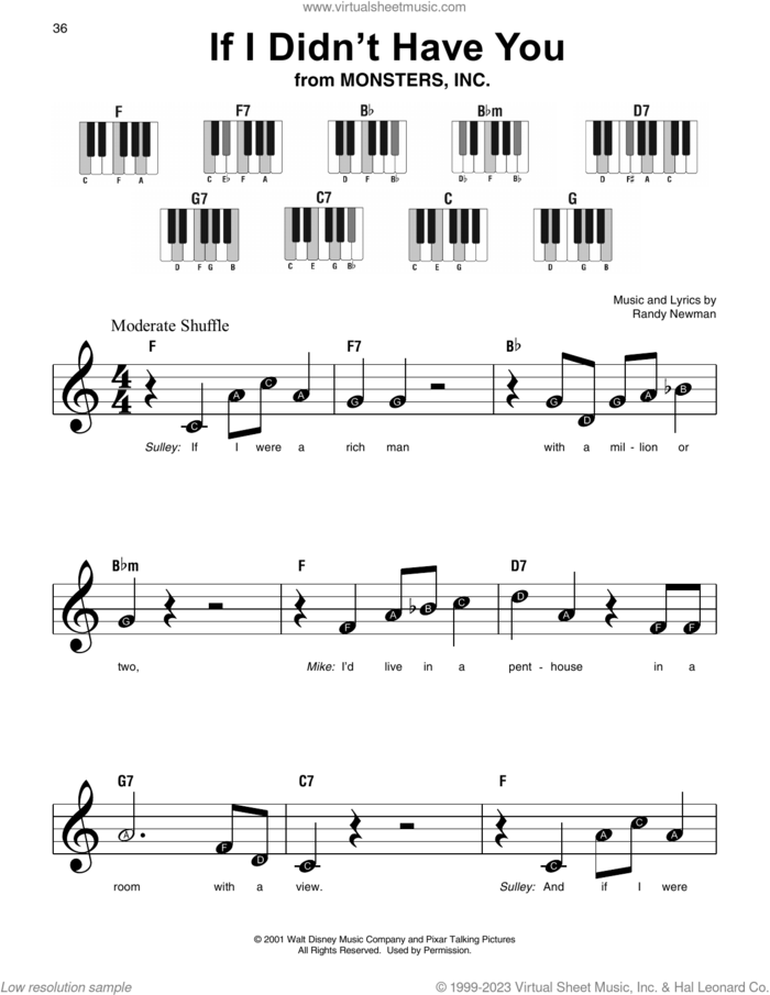 If I Didn't Have You (from Monsters, Inc.) sheet music for piano solo by Billy Crystal and John Goodman and Randy Newman, beginner skill level