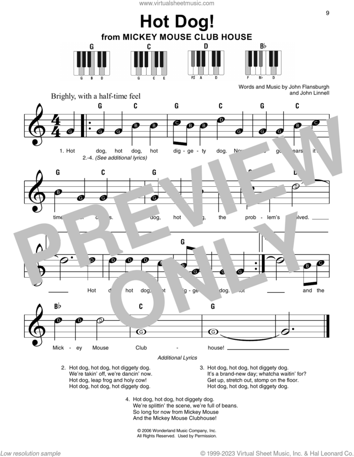 Hot Dog! (from Mickey Mouse Clubhouse) sheet music for piano solo by They Might Be Giants, John Flansburgh and John Linnell, beginner skill level