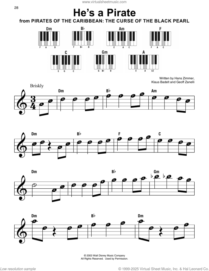 He's A Pirate (from Pirates Of The Caribbean: The Curse of the Black Pearl) sheet music for piano solo by Klaus Badelt, Geoffrey Zanelli and Hans Zimmer, beginner skill level