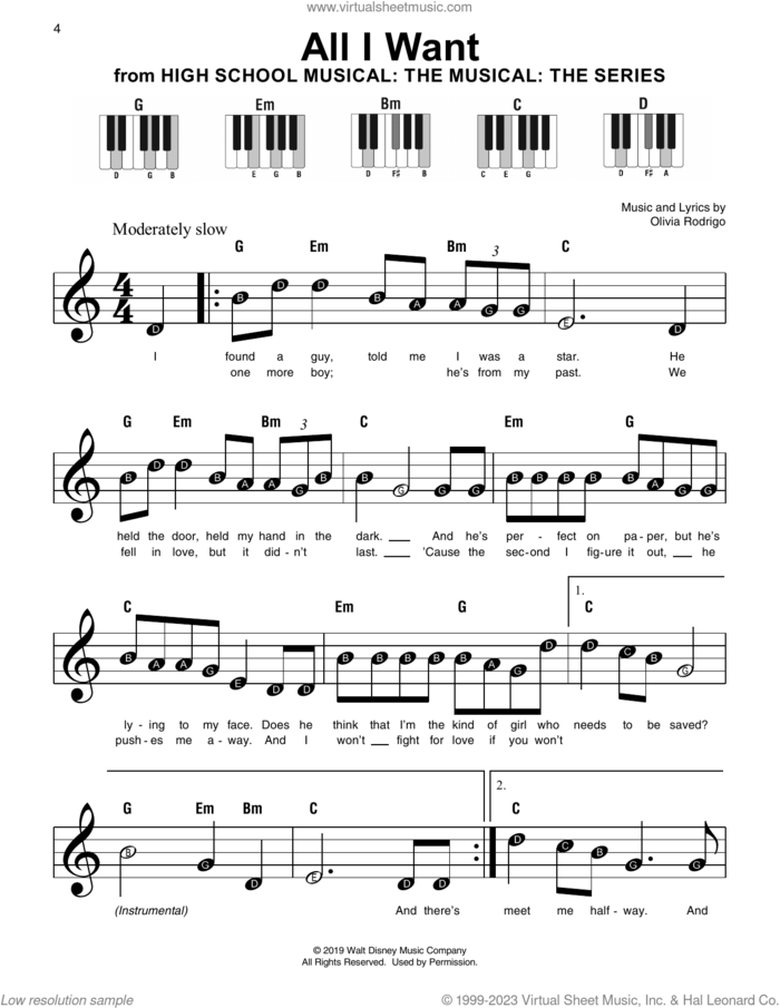 All I Want (from High School Musical: The Musical: The Series) sheet music for piano solo by Olivia Rodrigo, beginner skill level