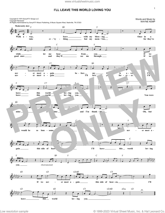 I'll Leave This World Loving You sheet music for voice and other instruments (fake book) by Ricky Van Shelton and Wayne Kemp, intermediate skill level