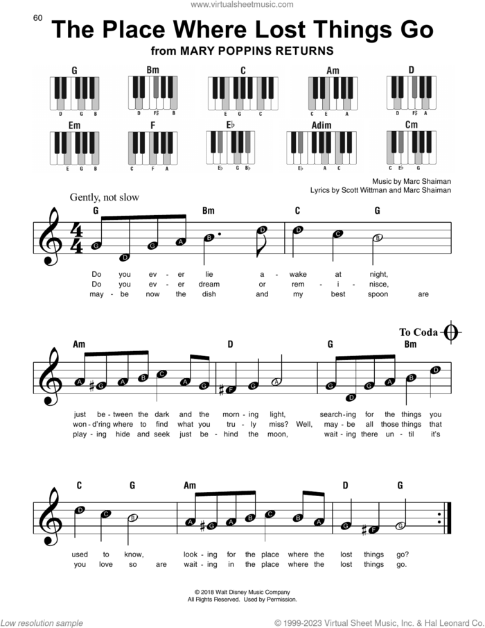 The Place Where Lost Things Go (from Mary Poppins Returns) sheet music for piano solo by Emily Blunt, Marc Shaiman and Scott Wittman, beginner skill level