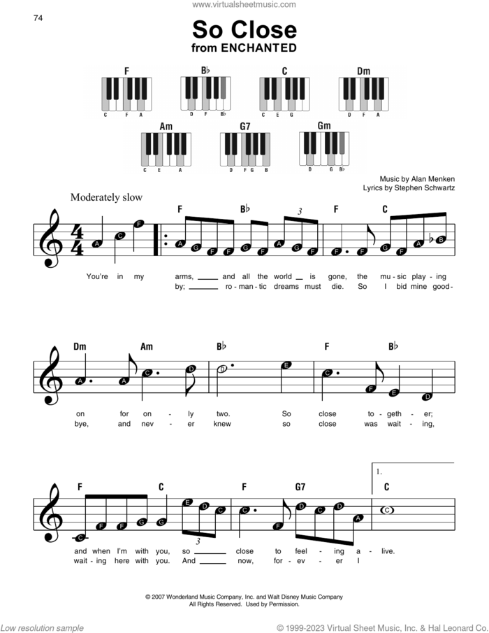 So Close (from Enchanted), (beginner) (from Enchanted) sheet music for piano solo by Alan Menken and Stephen Schwartz, beginner skill level