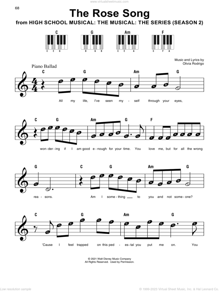 The Rose Song (from High School Musical: The Musical: The Series) sheet music for piano solo by Olivia Rodrigo, beginner skill level