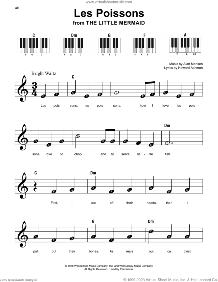 Les Poissons (from The Little Mermaid), (beginner) (from The Little Mermaid) sheet music for piano solo by Alan Menken and Howard Ashman, beginner skill level