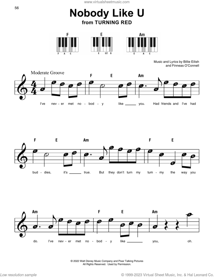 Nobody Like U (from Turning Red) sheet music for piano solo by 4*TOWN and Billie Eilish, beginner skill level